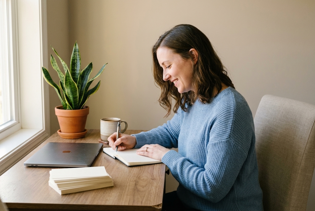 Aurélie prépare un débrief personnalisé, carnet et notes