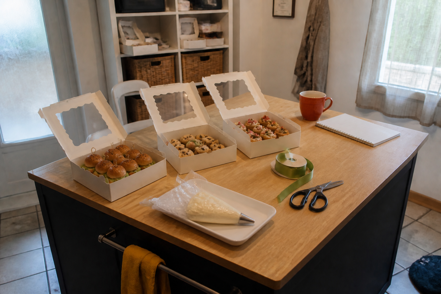Plan de travail de pâtisserie avant assemblage, puis box thématiques ouvertes pour vérification.