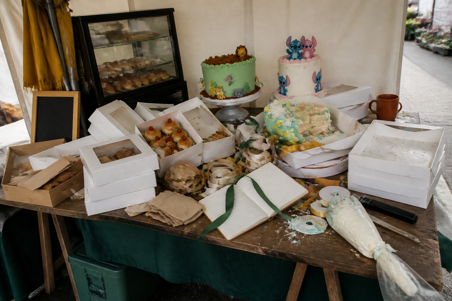 Stand de marché avant l’arrivée des premiers clients, entre barquettes, ardoise et plats chauds.