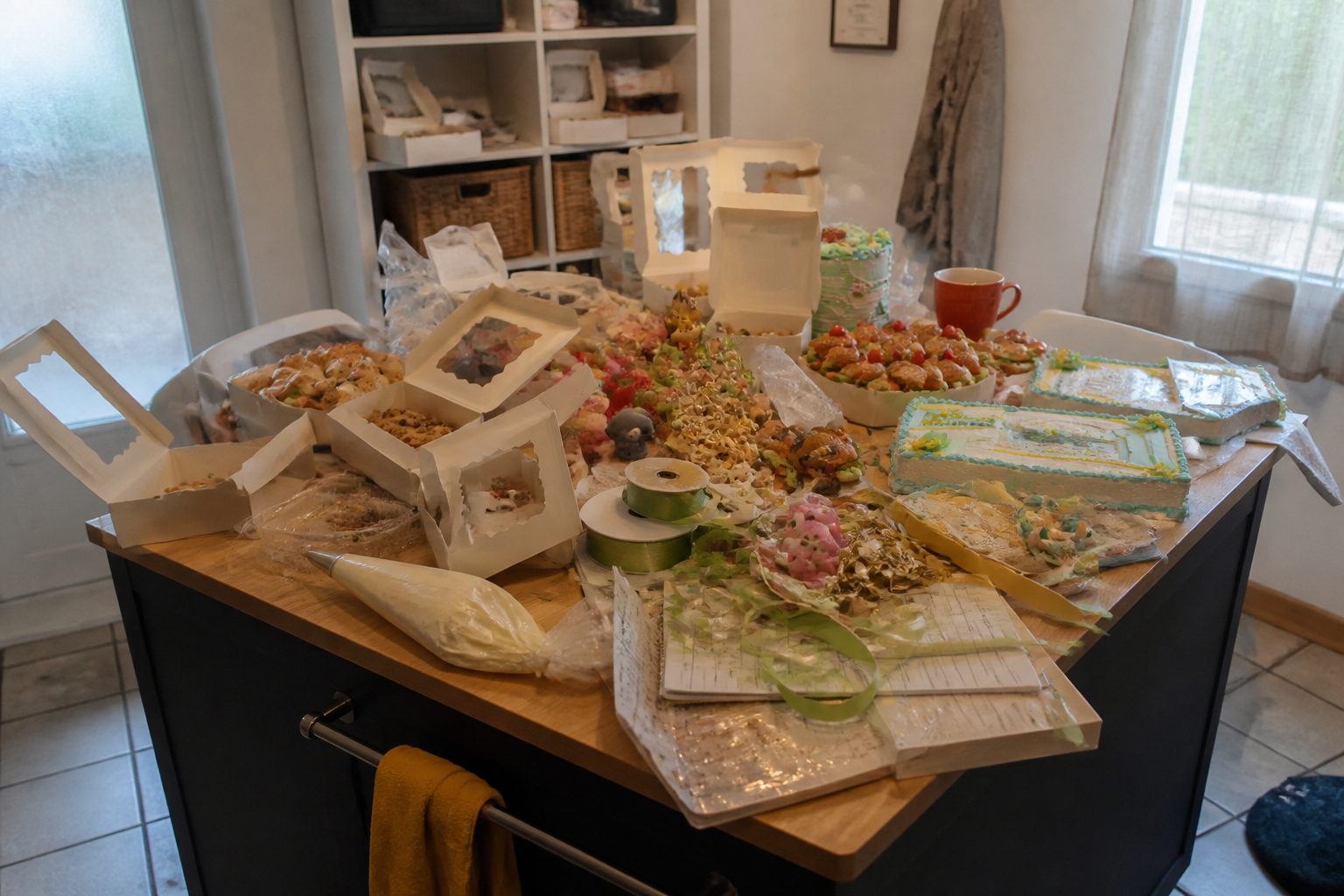 Plan de travail de pâtisserie avant assemblage, puis box thématiques ouvertes pour vérification.