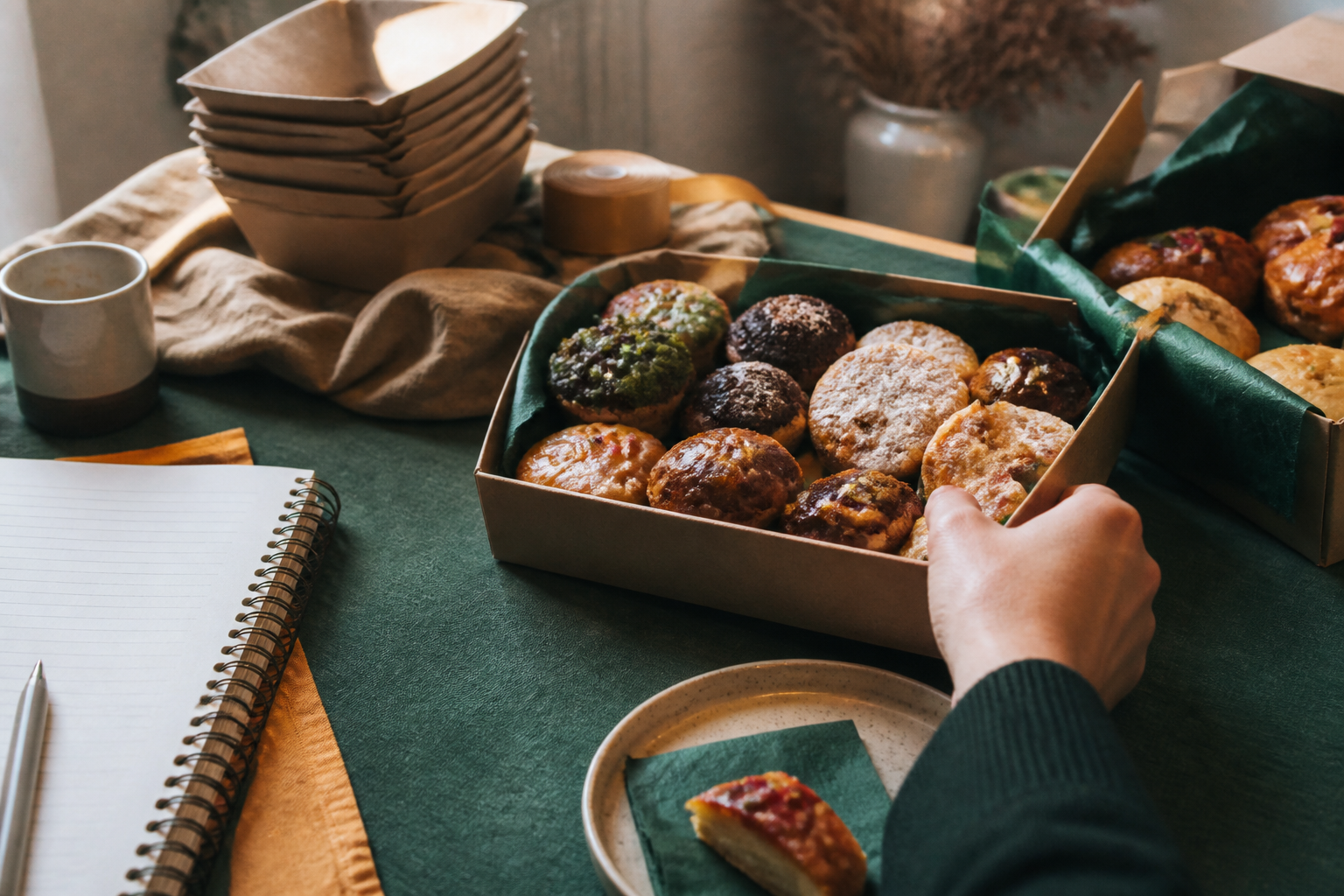 Préparation d’une commande privée avec box et pâtisseries prêtes à être retirées.