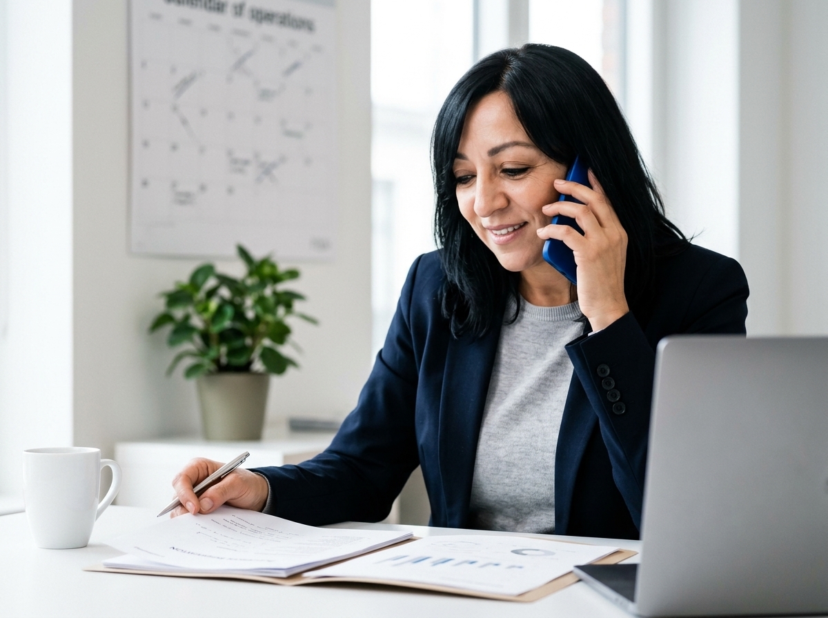La dirigeante de Pro Service Call en appel professionnel pour sécuriser une réservation d’emplacement.