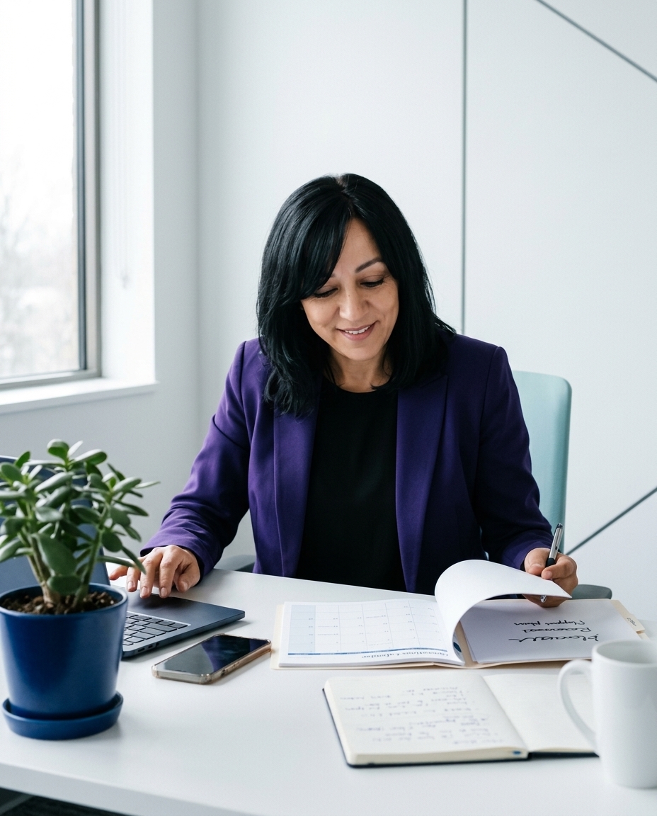 La dirigeante de Pro Service Call organise une opération commerciale dans un bureau B2B calme.