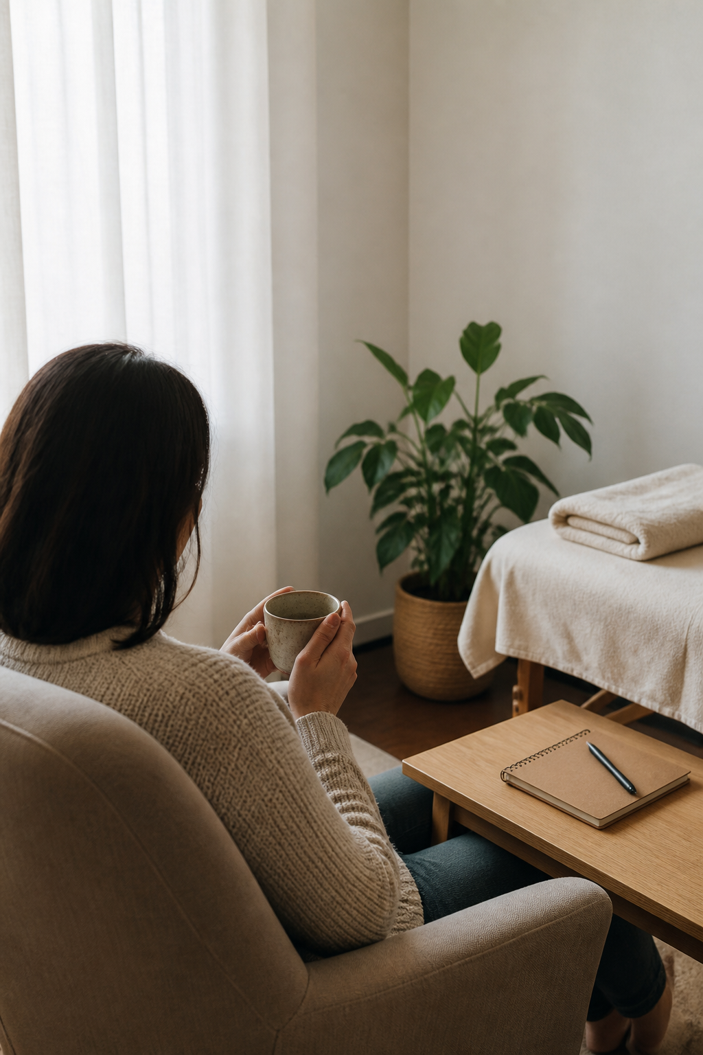 Une cliente prend une pause avec une infusion avant sa séance de réflexologie plantaire
