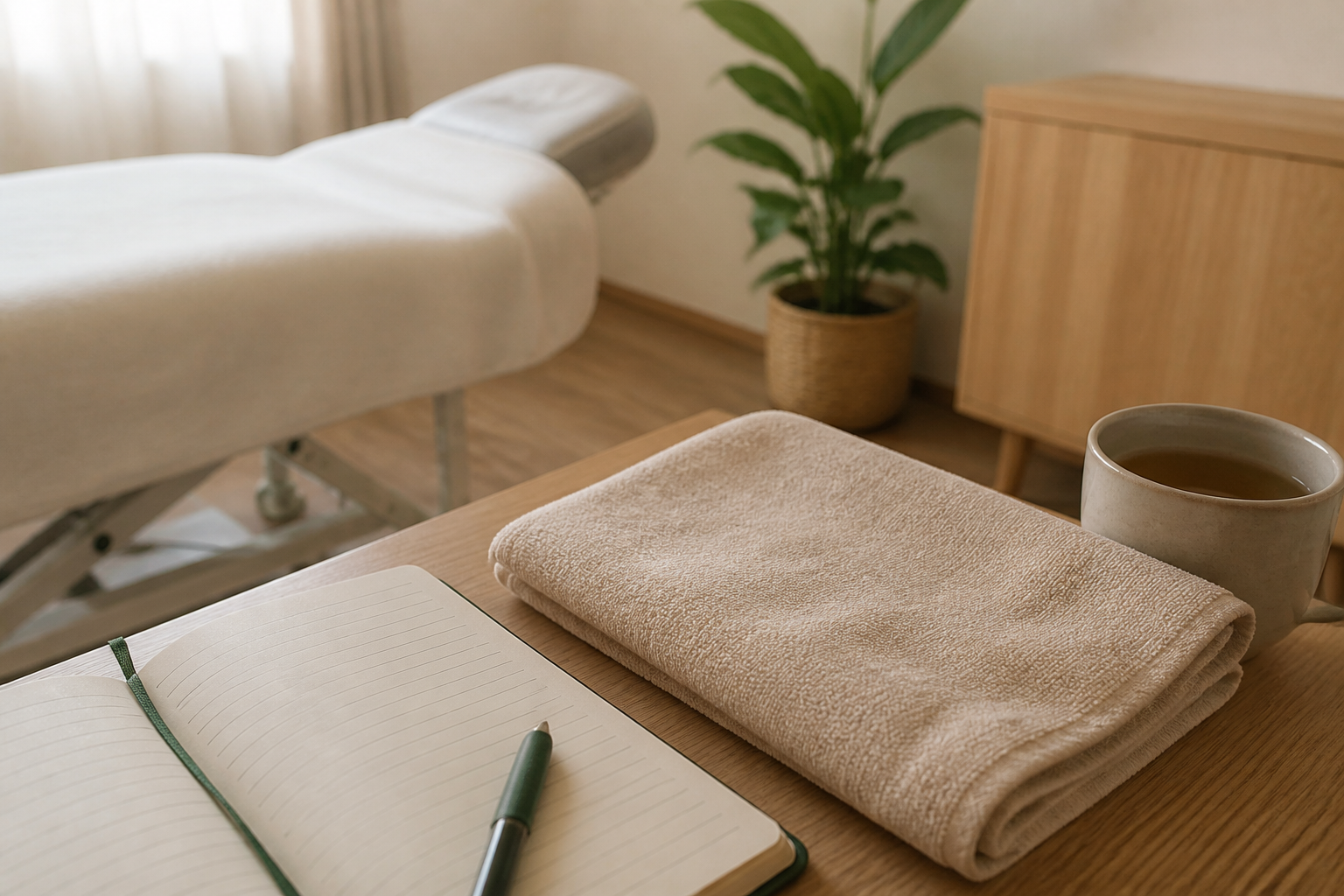Carnet, serviette et infusion préparés avant une séance de réflexologie plantaire